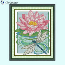 Load image into Gallery viewer, Dragonfly and Lotus Embroidery Kit - Floral Pond Nature Scene DIY Craft