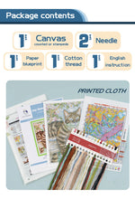 Load image into Gallery viewer, Embroidery kit package with printed cloth, canvas, needle, and other supplies on a light blue background.