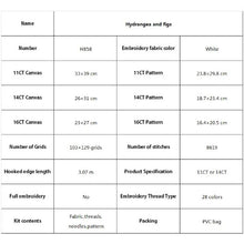Load image into Gallery viewer, Table with embroidery kit specifications including canvas size, pattern type, and thread color.