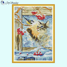 Load image into Gallery viewer, Winter Cat and Bird Cross Stitch Kit - AIMDIY