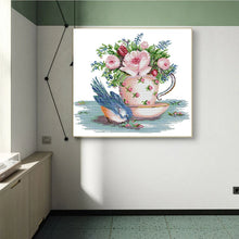 Load image into Gallery viewer, Bird & Floral Teacup Cross Stitch Kit - Whimsical Animal Embroidery Set for Adults, Complete with Pattern, Thread & Vintage Design
