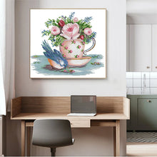 Load image into Gallery viewer, Bird & Floral Teacup Cross Stitch Kit - Whimsical Animal Embroidery Set for Adults, Complete with Pattern, Thread & Vintage Design