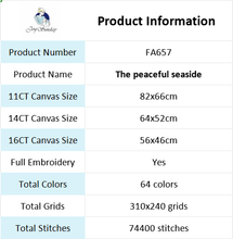 Load image into Gallery viewer, Product information table for embroidery kit with canvas sizes, embroidery details, and color count.