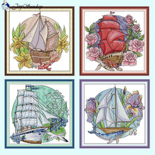 Load image into Gallery viewer, Flower Tour Floral Sailboat Pattern Cross Stitch Kits - AIMDIY