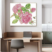 Load image into Gallery viewer, Pink Roses Flower Pattern Cross Stitch Kit – DIY Embroidery Craft for Home Decor