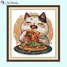 Load image into Gallery viewer, Pizza-loving Kitten DIY Kids Cross Stitch Kit with Stamped Canvas for Handmade Embroidery