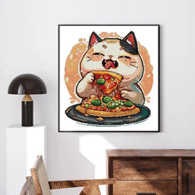 Load image into Gallery viewer, Pizza-loving Kitten DIY Kids Cross Stitch Kit - Handmade Embroidery with Stamped Canvas