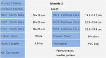 Load image into Gallery viewer, Product specifications table for 'lakeside 2' with fabric and pattern sizes, thread color, and packaging details.