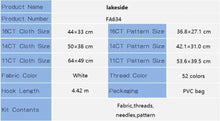Load image into Gallery viewer, Product specifications table for 'lakeside' brand fabric kit with various dimensions and details.