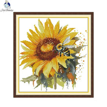 Load image into Gallery viewer, Vintage sunflowers and bees cross stitch pattern on printed 14-count aida cloth with DMC embroidery threads from aimdiy