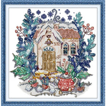 Load image into Gallery viewer, Winter teapot cross stitch kit showing seasonal design with snowflakes on printed canvas