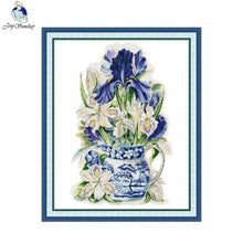 Load image into Gallery viewer, Iris and celadon embroidery kit showing traditional Chinese floral pattern on printed canvas
