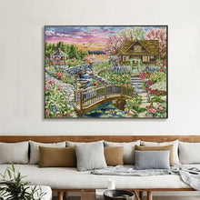 Load image into Gallery viewer, Spring at the Lake House Scenery Cross Stitch Kit - Floral & Nature Pattern DIY Embroidery Set for Adults, Beginners, and Kids