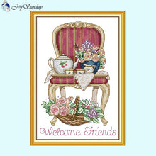 Load image into Gallery viewer, Tea Set And Flowers On Chair Cross Stitch Kit - AIMDIY