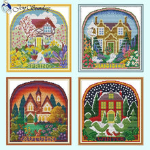 Load image into Gallery viewer, Four Seasons Cottage embroidery kit showing complete landscape with spring, summer, autumn and winter scenes on printed canvas