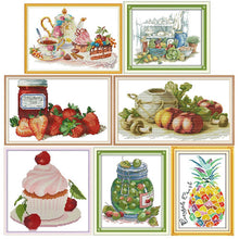 Load image into Gallery viewer, Set of cross-stitch patterns featuring food and kitchen-themed designs.