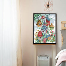 Load image into Gallery viewer, Framed artwork of colorful birdhouses on a wall above an air conditioner.