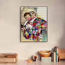 Load image into Gallery viewer, Framed artwork of two children under a colorful quilt on a wall with decorative items below.