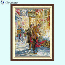 Load image into Gallery viewer, Cozy family Christmas cross stitch scene with fireplace, tree, and stockings on pre-printed fabric.