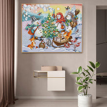 Load image into Gallery viewer, Decorative wall art with snowmen and animals in a room setting.