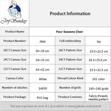 Load image into Gallery viewer, Product information table for Four Seasons Chair with details on canvas size, pattern size, and product packaging.