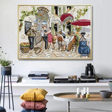 Load image into Gallery viewer, Finished Curbside Dance cross stitch artwork hanging on wall