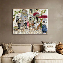 Load image into Gallery viewer, Framed artwork of a street scene with people in an urban setting, hanging on a wall above a sofa.