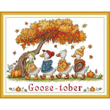 Load image into Gallery viewer, Geese in Autumn Embroidery Kit - Seasonal Holiday Cross Stitch with Migratory Birds