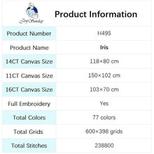 Load image into Gallery viewer, Kit contents for floral DIY cross stitch with white iris