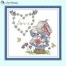 Load image into Gallery viewer, Patch rabbit cartoon embroidery kit showing cute animal design with button eyes on cotton fabric