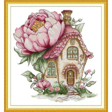 Load image into Gallery viewer, Peony Cottage Cross Stitch Kit - Floral Garden Stamped Aida Embroidery | Joy Sunday