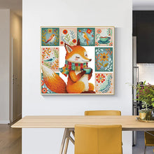 Load image into Gallery viewer, Dining room with a fox-themed cross-stitch wall art above a table.