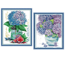Load image into Gallery viewer, Hydrangea cross stitch kit with floral embroidery pattern
