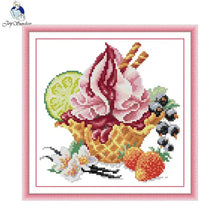 Load image into Gallery viewer, Cross-stitched design of a strawberry ice cream cone with berries on a white background
