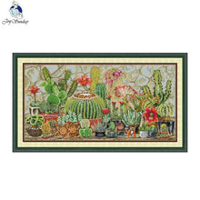 Load image into Gallery viewer, Joy Sunday cactus cross stitch kit with printed or counted Aida fabric and DMC threads for hand embroidery