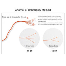 Load image into Gallery viewer, Diagram explaining embroidery thread strands and fabric counts with text on a white background.