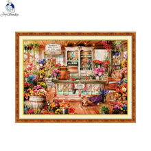 Load image into Gallery viewer, Colorful illustration of a flower shop interior with various flowers and a wooden counter.