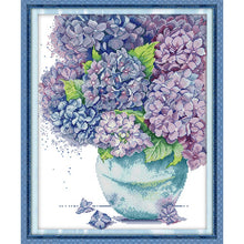 Load image into Gallery viewer, Joy Sunday hydrangea flower counted cross stitch pattern