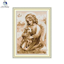 Load image into Gallery viewer, Joy Sunday lamb cross stitch kit with printed Aida fabric and embroidery threads for handmade home decoration