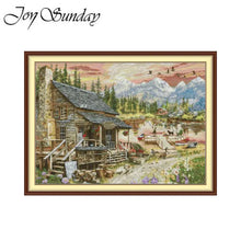 Load image into Gallery viewer, Joy Sunday small rural shop cross stitch kit with printed Aida and embroidery threads for DIY wall art