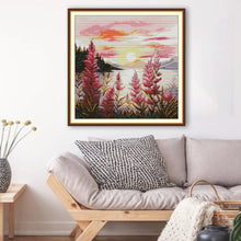 Load image into Gallery viewer, Joy Sunday sunset landscape cross stitch kit with printed Aida fabric and embroidery threads for DIY handmade home decor