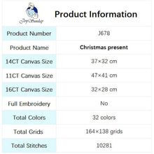 Load image into Gallery viewer, Product information table for a Christmas present with canvas sizes and embroidery details.