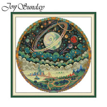 Load image into Gallery viewer, Cross-stitched design of a celestial scene with planets and stars, framed by 'Joy Sunday'.