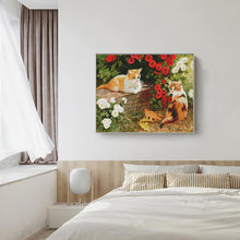 Load image into Gallery viewer, Embroidered garden kitten cross stitch artwork finished