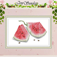 Load image into Gallery viewer, Two watermelons counted cross stitch kit with Aida fabric and DMC threads for DIY summer fruit embroidery