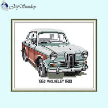 Load image into Gallery viewer, Cross-stitched model of a 1963 Wolseley 1500 car on a light blue background with 'Joy Sunday' branding.