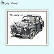 Load image into Gallery viewer, Cross-stitched model of a 1954 Austin A35 car on a light blue background with 'Joy Sunday' branding.