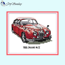 Load image into Gallery viewer, Cross-stitched model of a 1966 Jaguar Mk II on a light blue background with 'Joy Sunday' branding.