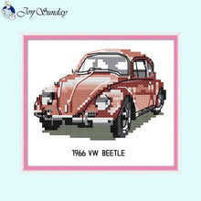 Load image into Gallery viewer, Cross-stitched design of a 1966 VW Beetle with a pink border on a light blue background.