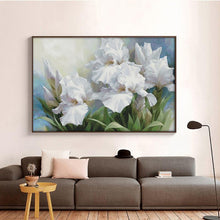 Load image into Gallery viewer, Finished cross stitch sample of white iris flower